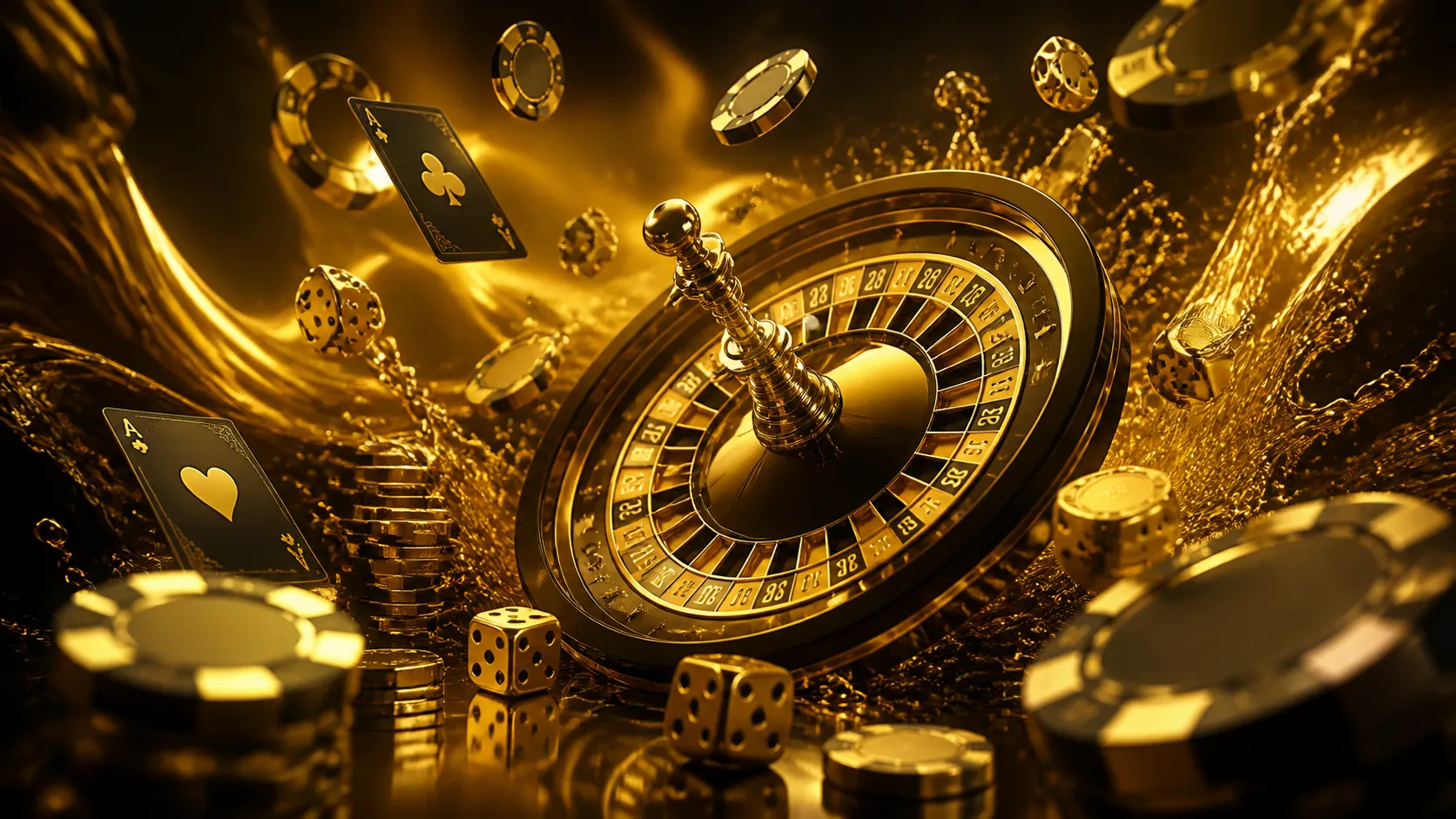 Luxurious casino-themed hero banner featuring dynamic poker chips, glowing dice, and elegant metallic finishes on a high-end 