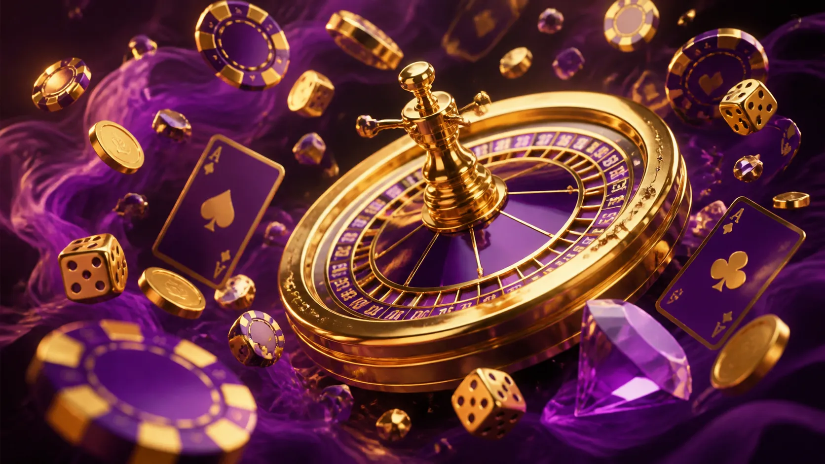 Glossy 3D isometric casino banner with neon accents for Spinboss, featuring floating poker chips and glowing dice.